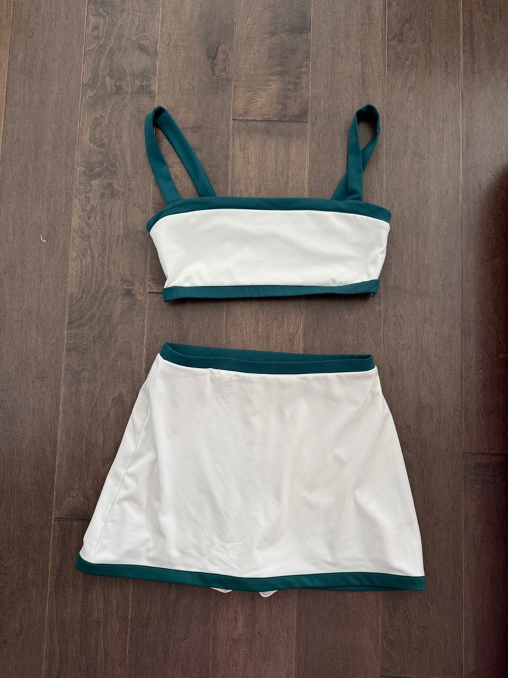 Reformation Ecomove green and cream skirt and bra top set